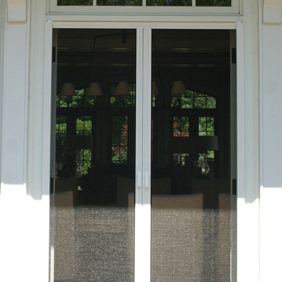 Sunlight casts shadows through a glass door with a white frame.