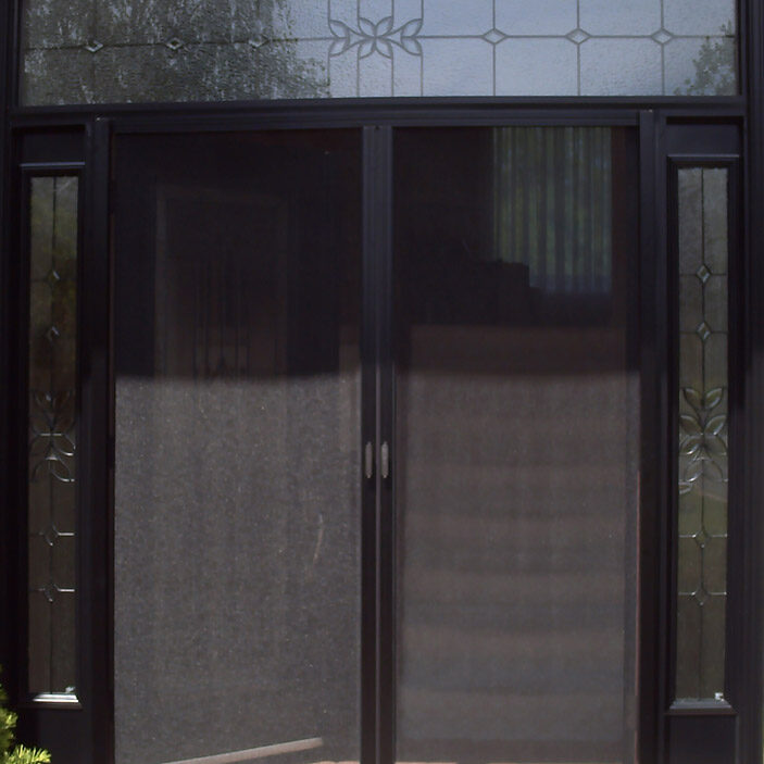 Black-framed glass door with mesh screen in front.