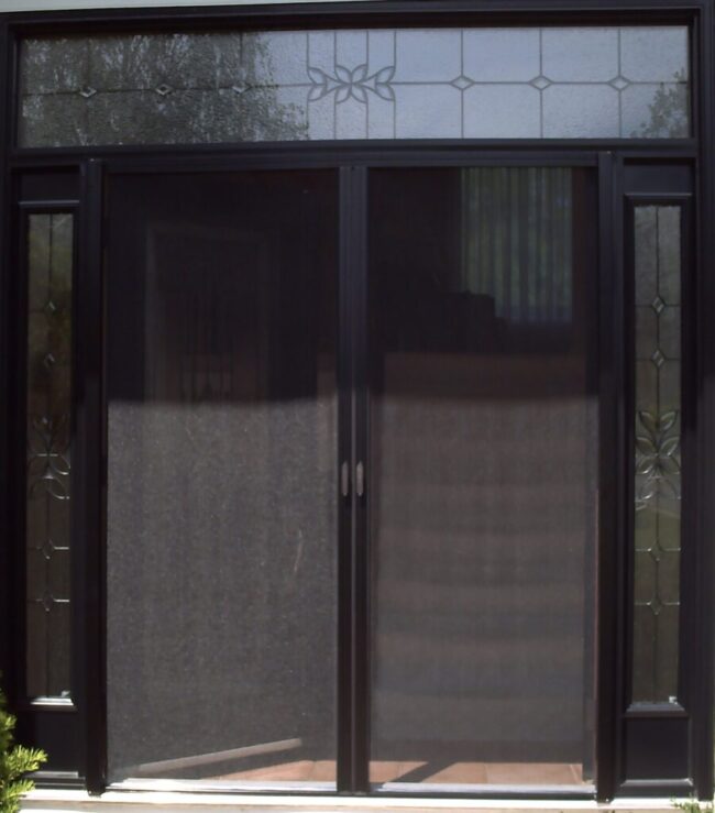 A closed double glass door with dark frames and mesh screens.