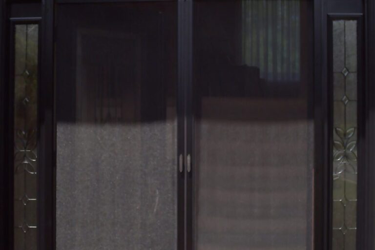 A closed double glass door with dark frames and mesh screens.