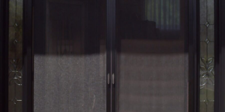 A closed double glass door with dark frames and mesh screens.